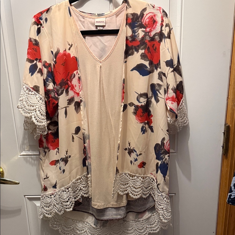 Merona Cream Floral Open-Front Kimono with Red & Navy Blooms